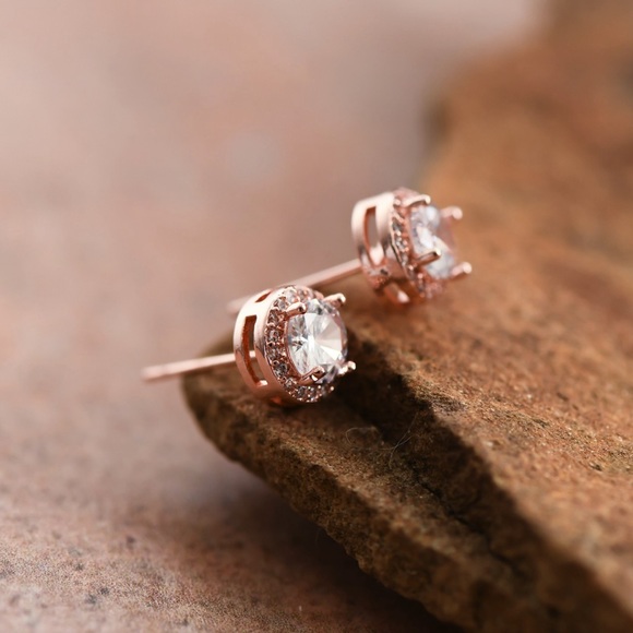 Clear Glass Crystal Dainty Rose Gold Plated Stud Earrings - Picture 4 of 7